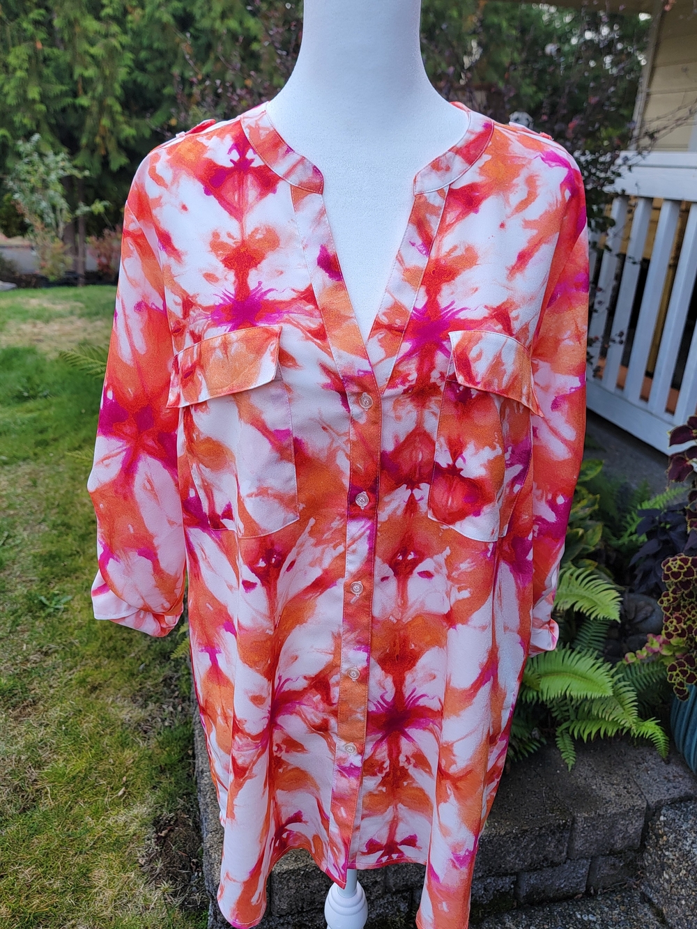 Calvin Klein Orange & Pink Tie-Dye Button Front Tunic - Large
